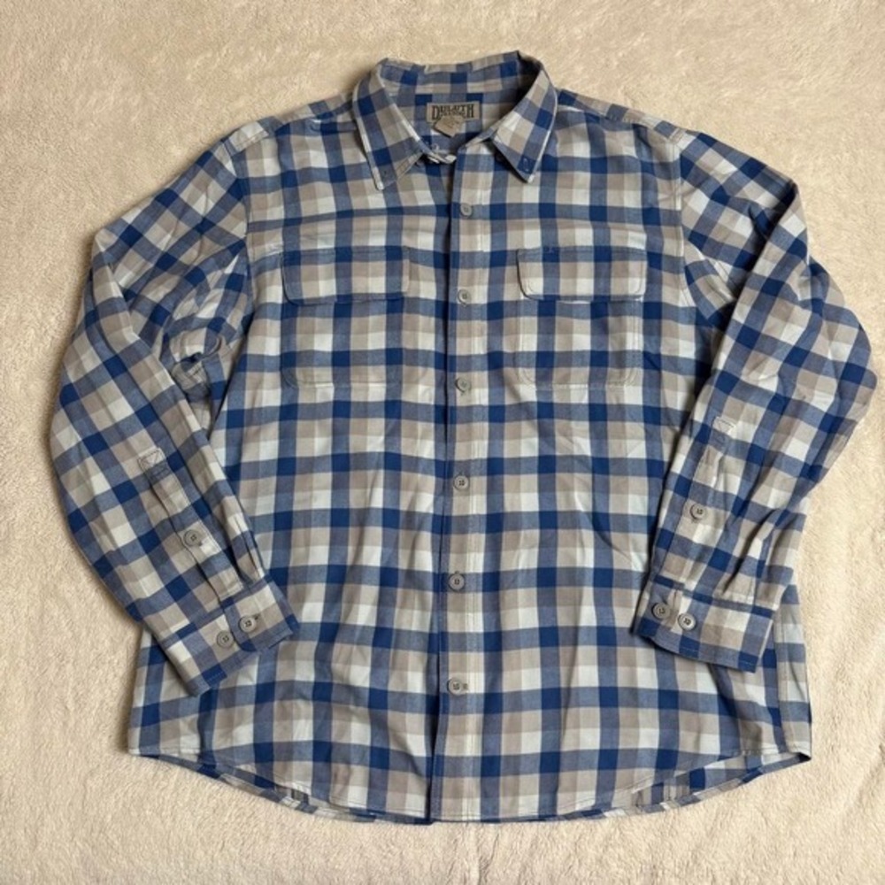 Duluth Trading Co. Blue and White Plaid Flannel Shirt